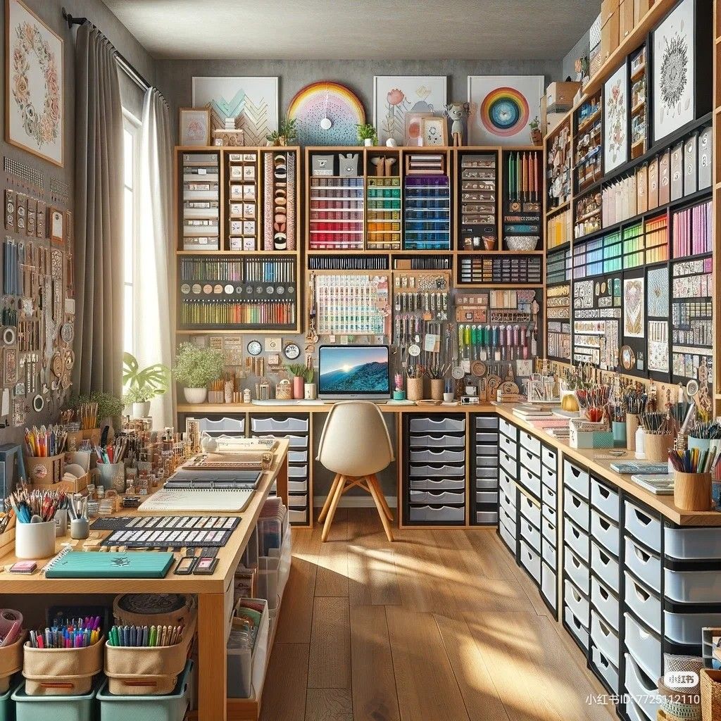 Sunlit art studio interior filled with shelves of paints, paper, brushes, and storage drawers