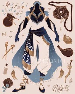 Fantasy character in elaborate blue robes with various equipment and accessory designs displayed around them