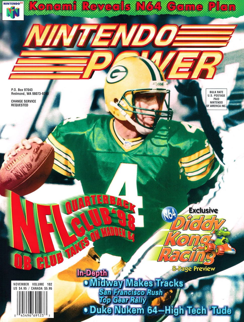 Nintendo Power magazine cover showing a Green Bay Packers quarterback with NFL Quarterback Club 98 branding