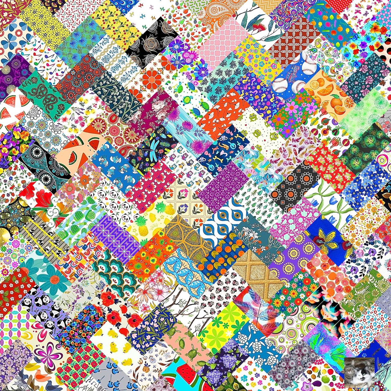 Colorful patchwork quilt with diamond-shaped patches in varied patterns and colors forming a dense mosaic