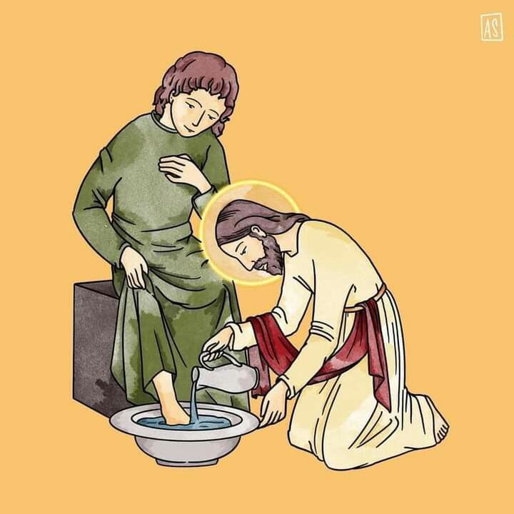 Illustration of Jesus washing a seated person's foot in a basin