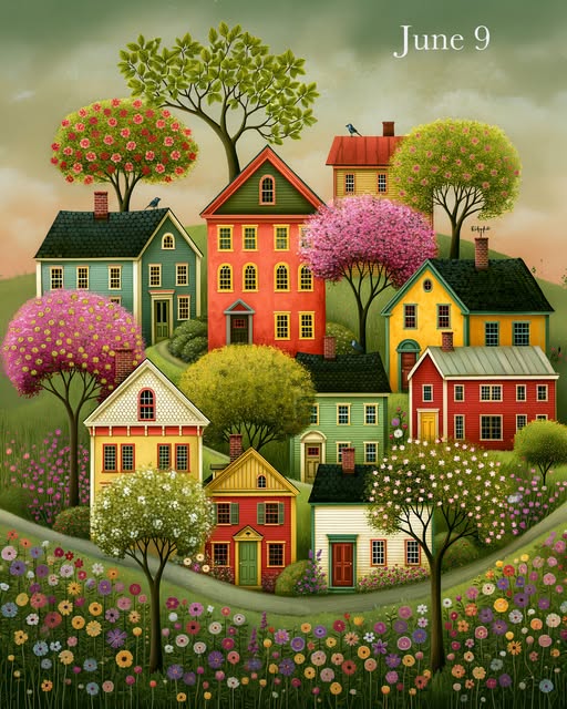 Folk art painting of colorful houses on a hill with flowering trees and gardens
