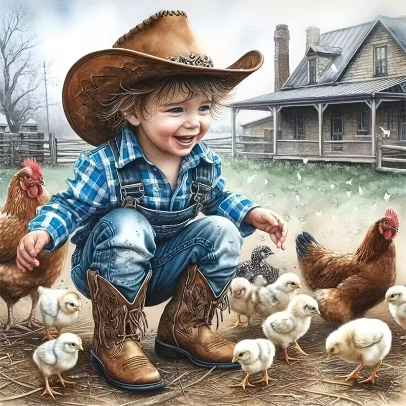 Smiling toddler in cowboy hat sitting with chickens on a farm