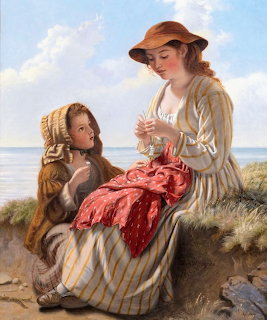 Oil painting of mother and daughter on beach creating daisy chain together