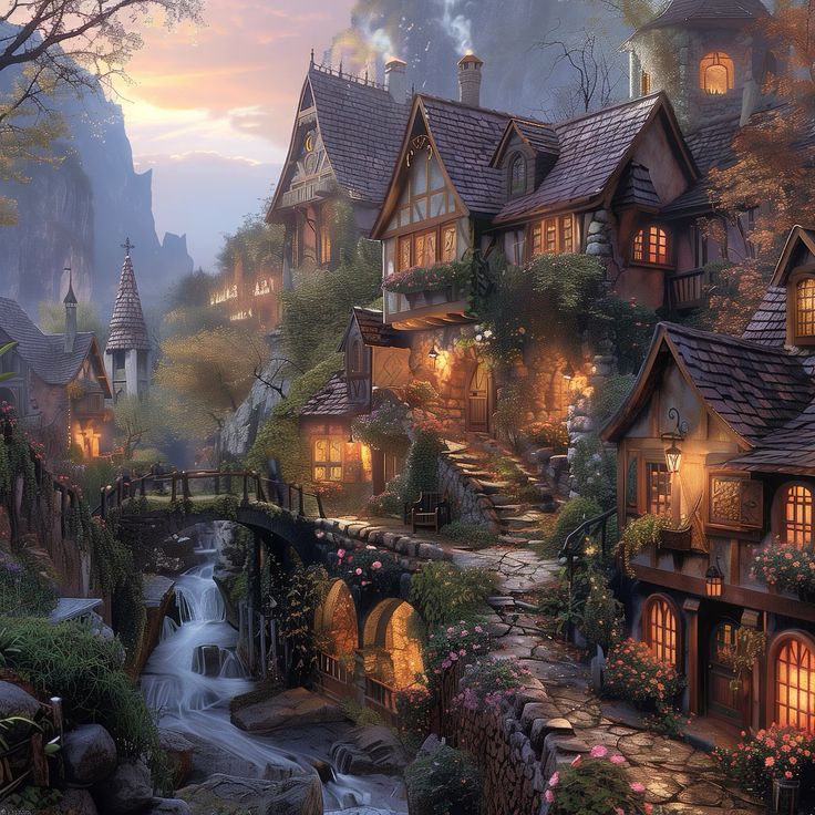 Fantasy village with illuminated cottages, stone paths, and waterfall at dusk