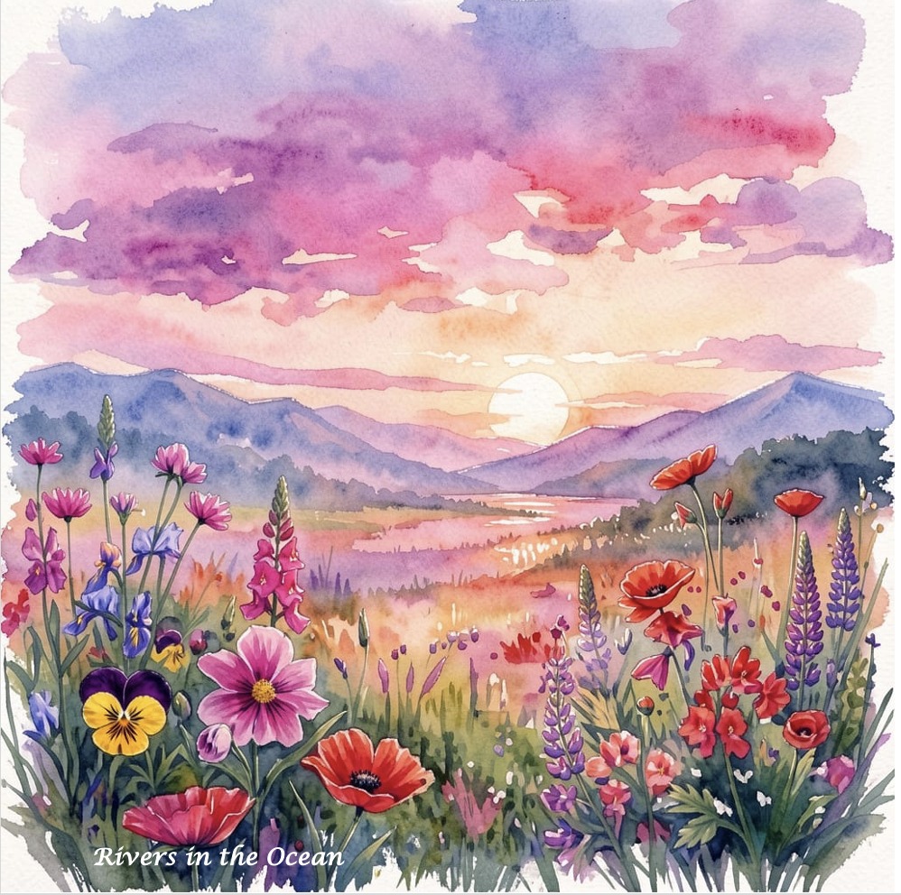 Watercolor landscape with wildflowers, mountains, and sunset sky in pink and purple tones