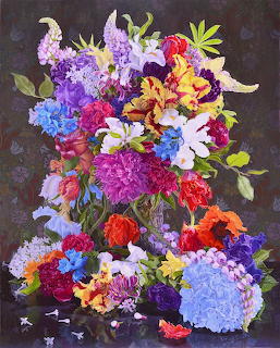 Oil painting of colorful flower arrangement with hydrangeas, lilies, and dahlias on dark background