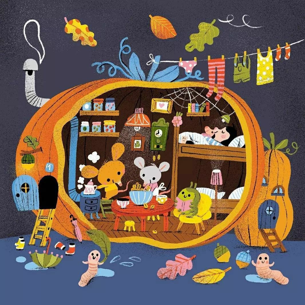 Colorful illustration of cartoon mice living inside a pumpkin house with cozy furniture and autumn decor