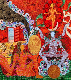 Colorful folk art painting with Hindu mythological figures, fire motifs, and intricate patterns on red background