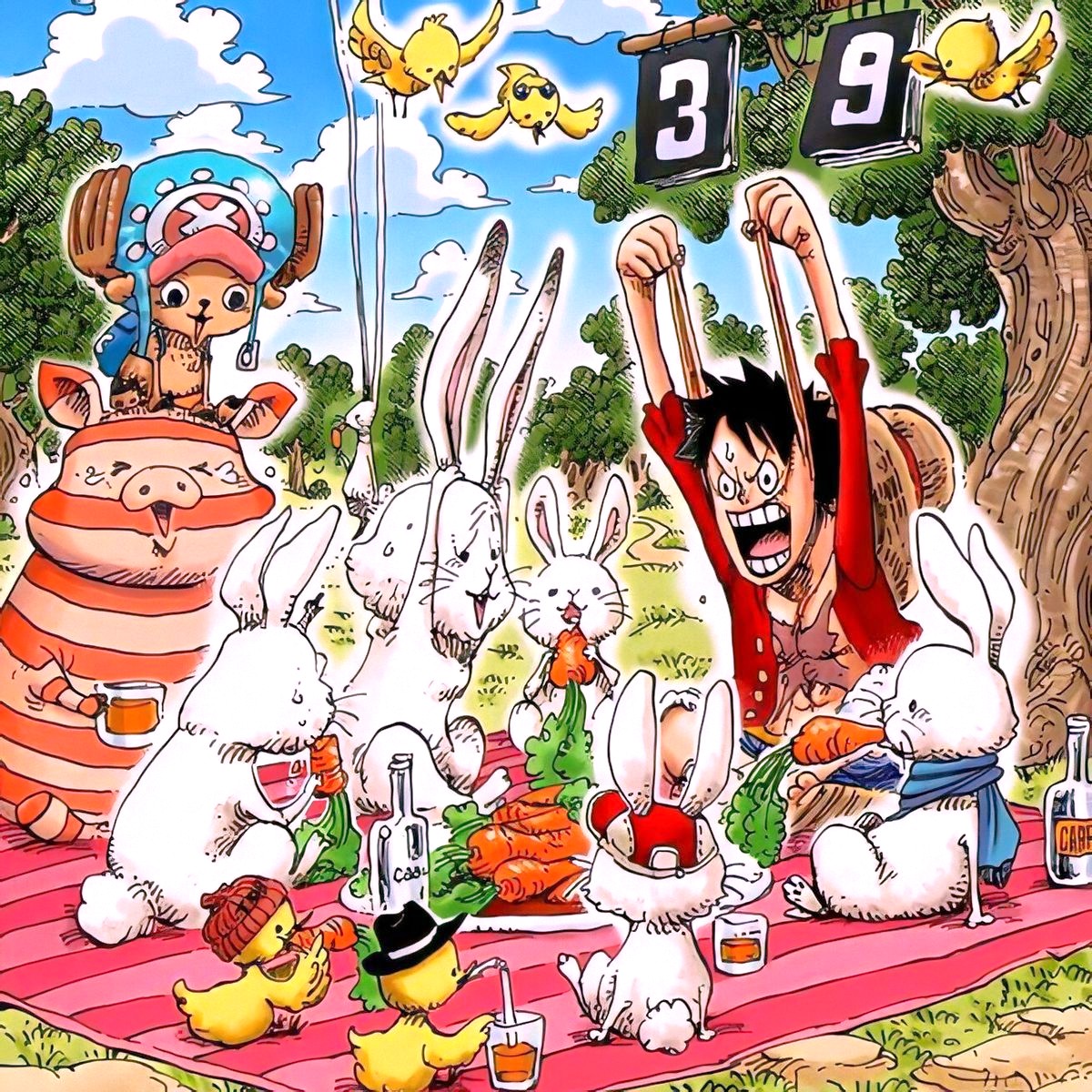 ONE PIECE anime characters with Easter bunnies and decorated eggs in outdoor celebration scene