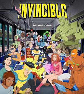 Animated Invincible season 2 poster with superheroes and passengers inside a crowded bus