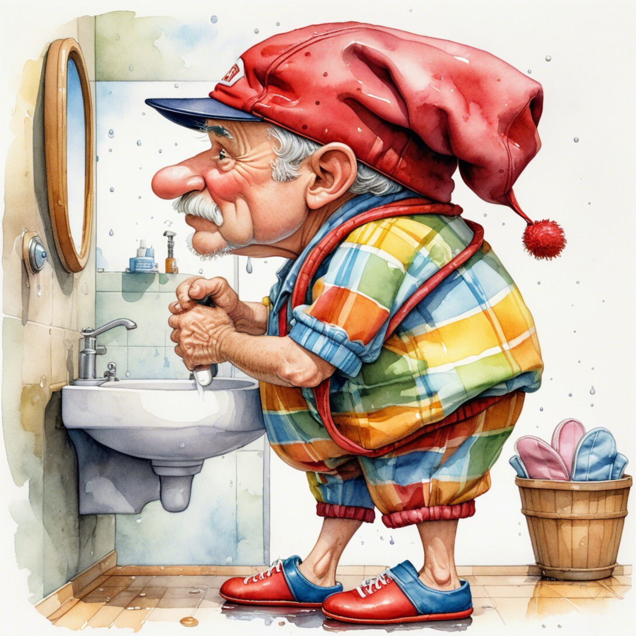 Cartoon elderly man leaning over a bathroom sink, wearing a red cap and colorful plaid shirt