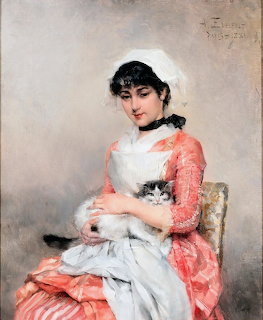 Impressionist painting of a seated girl in a pink dress holding a white cat