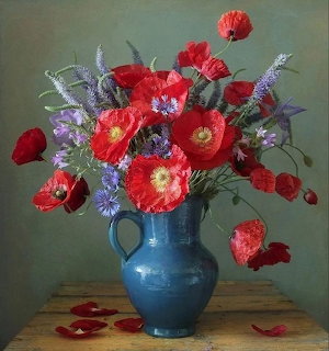 Painting of a red flower bouquet in a blue vase on a wooden table