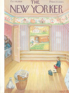 Illustrated magazine cover of an empty room with a seated woman and an open door revealing a moving truck outside.