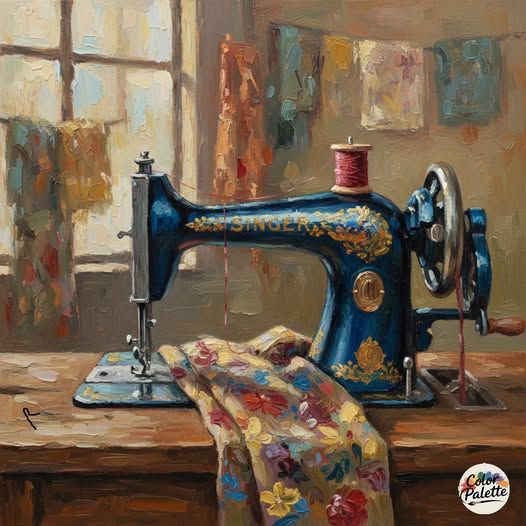 Painting of a vintage sewing machine on a table with colorful fabric near a window
