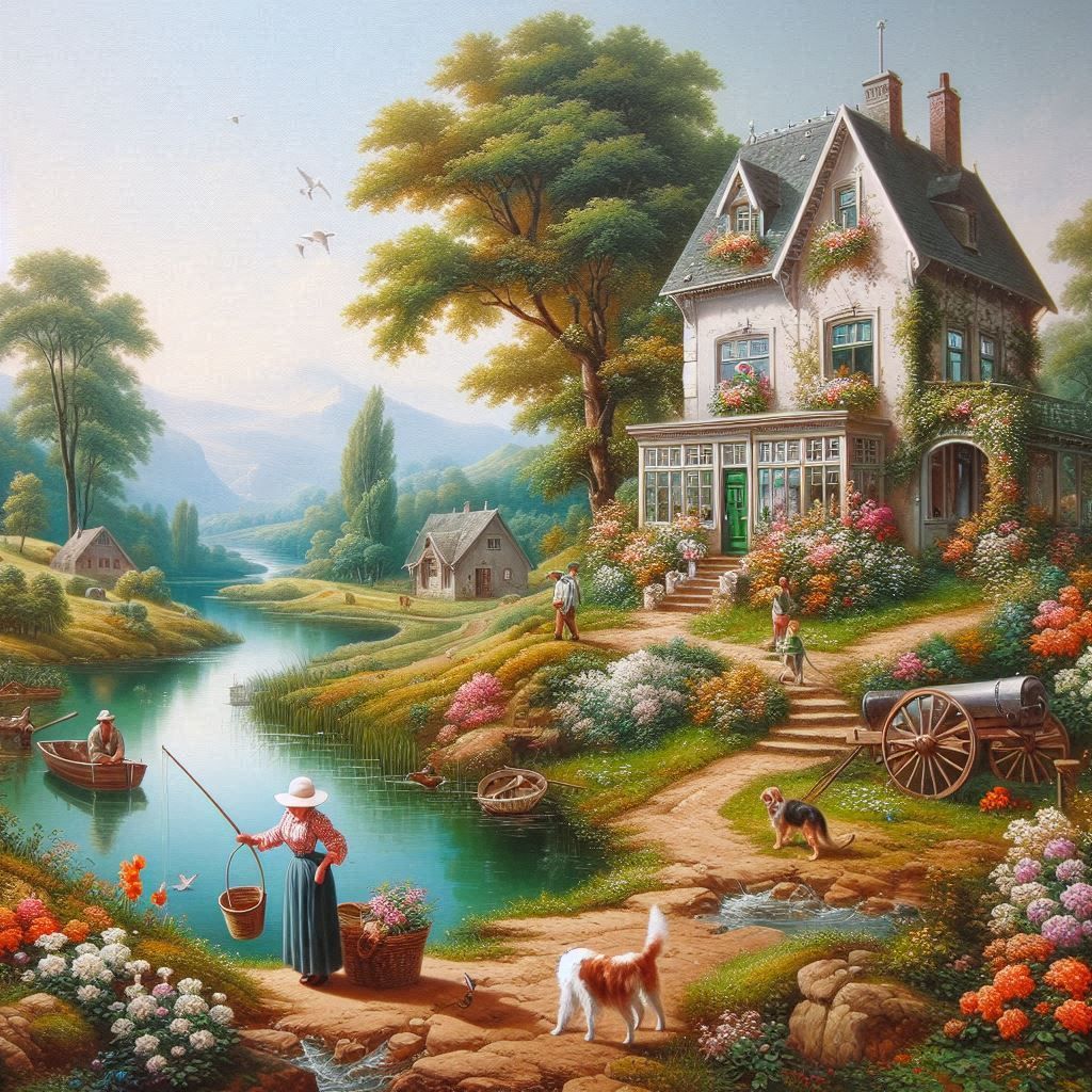 Victorian cottage with river, gardens, trees, and people fishing in idyllic countryside landscape