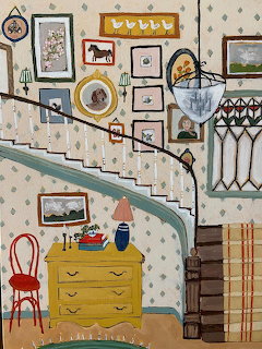 Illustrated vintage home interior with staircase, gallery wall, yellow dresser, and decorative furniture