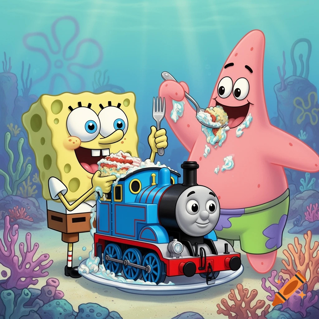 SpongeBob and Patrick cartoon characters with Thomas the Tank Engine themed cake on coral reef background