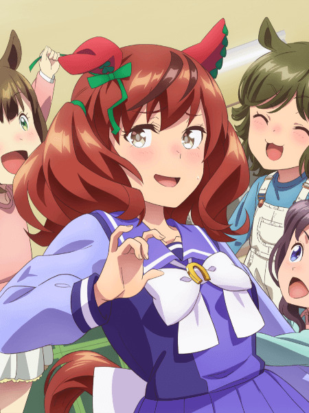 Cheerful red-haired anime horse girl in purple outfit with friends, from Umamusume