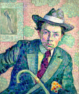 Cubist portrait of man in hat and suit with colorful geometric mosaic patterns