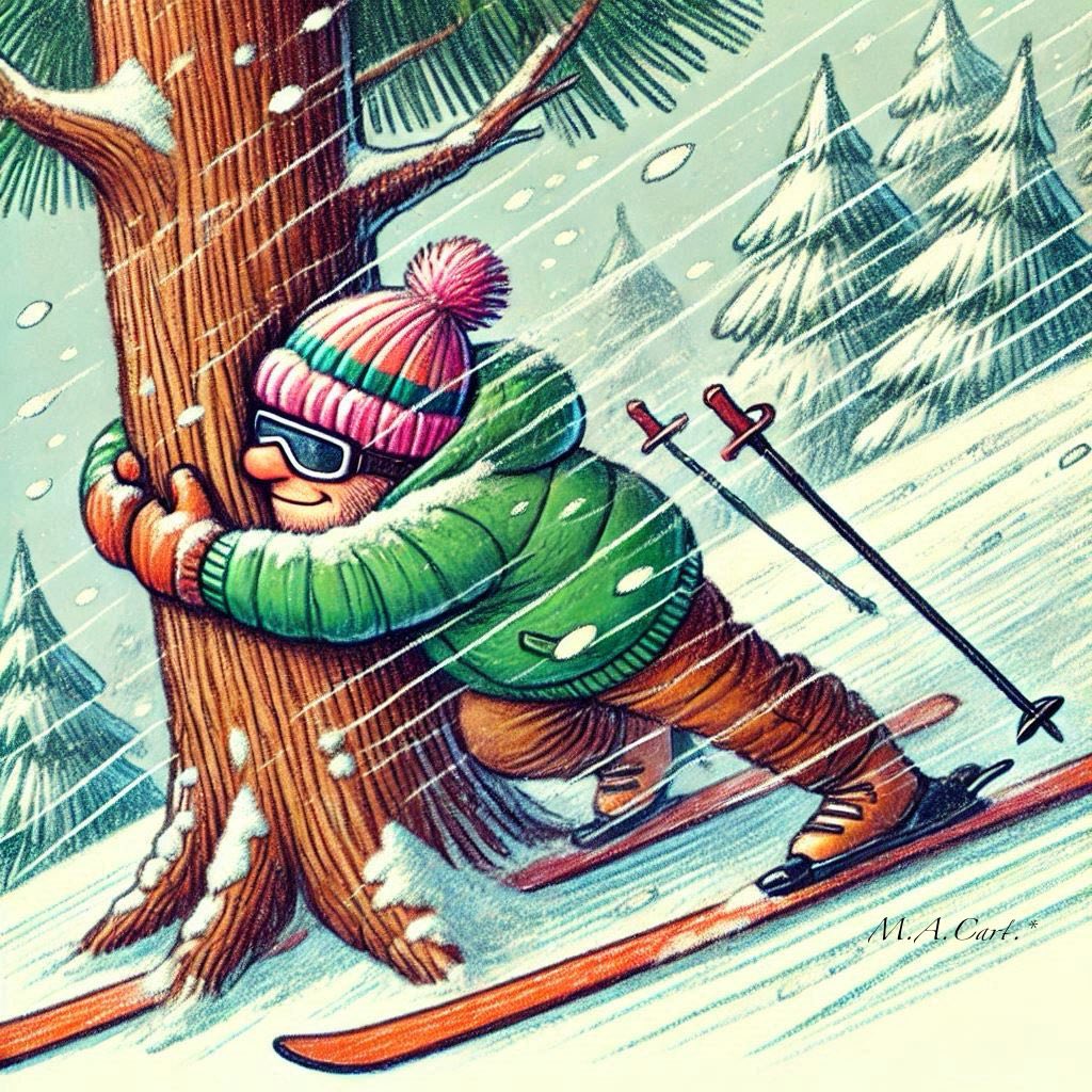 Cartoon skier hugging a tree after crashing on a snowy slope