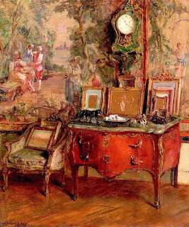 Impressionist painting of elegant interior with red dresser, tapestry, and period furnishings