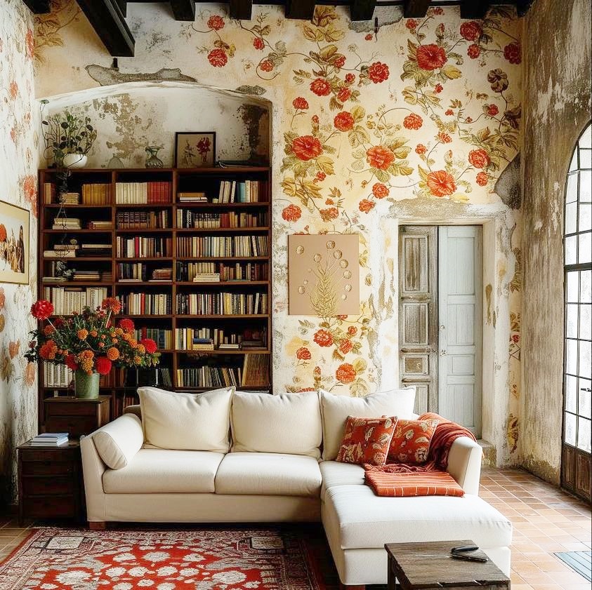 Living room with cream sectional sofa, floral wallpaper, wooden beams, bookshelf, and large windows