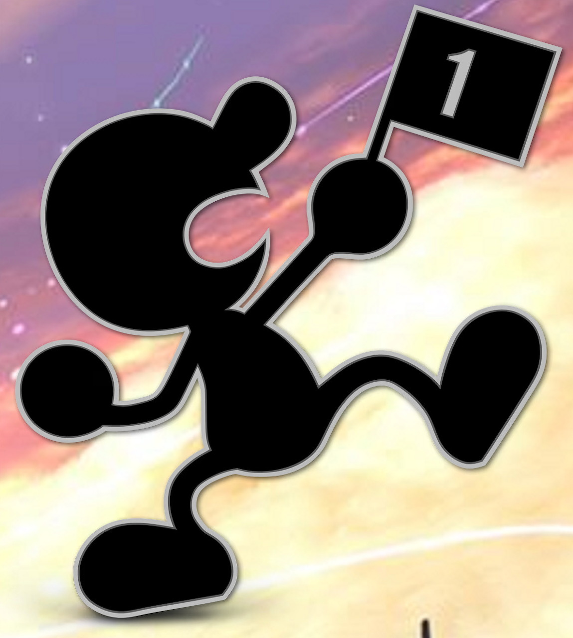 Black silhouette of Mr. Game & Watch holding a number 1 flag, running against a colorful sky background.