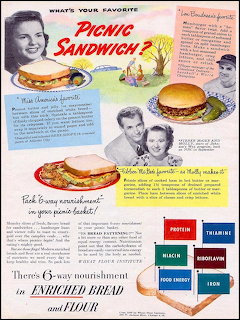 Vintage magazine ad with picnic sandwiches, portraits, and colorful nutrition information panels