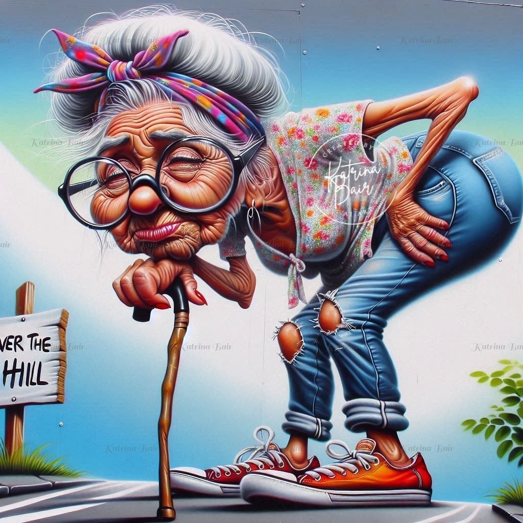 Cartoon elderly man with glasses, cane, and floral backpack against blue sky