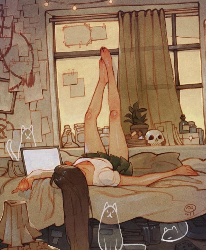 Illustrated girl lying on a bed with a laptop in a cozy bedroom by a window