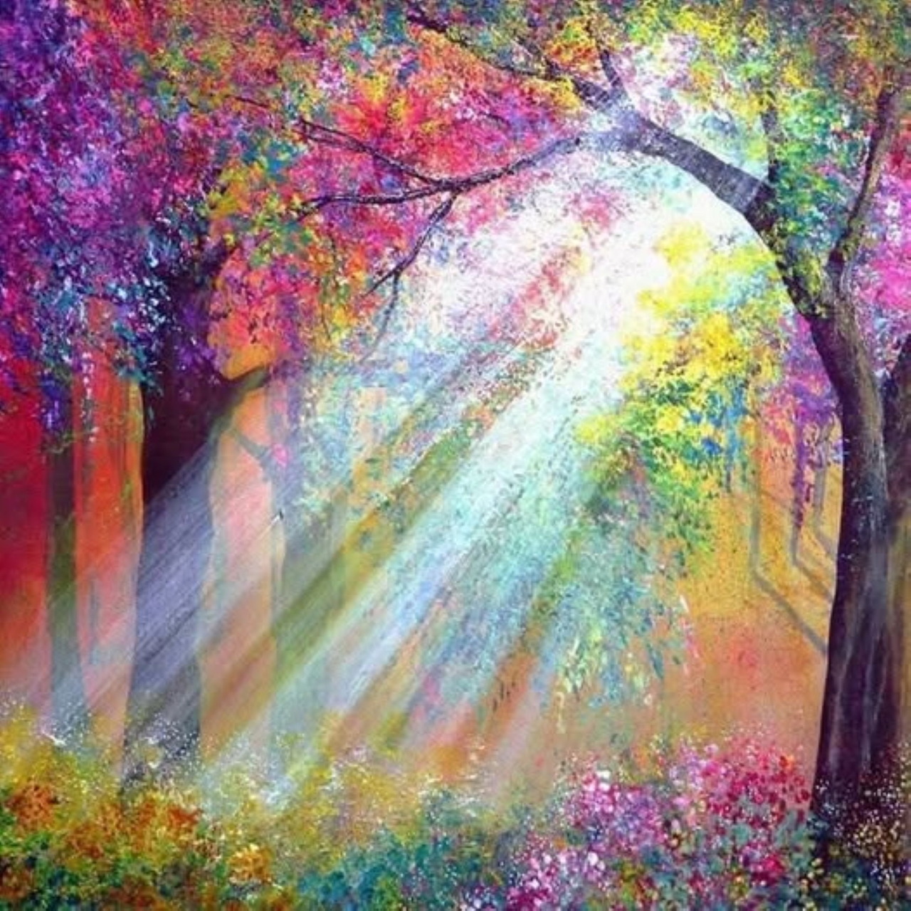 Vibrant painting of sun rays breaking through colorful autumn trees with flowers below