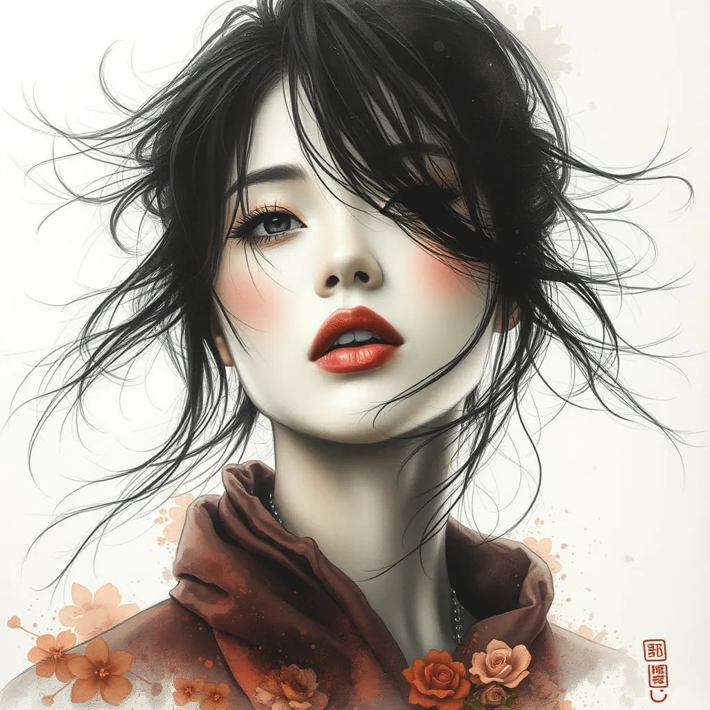 Woman with Flowing Black Hair