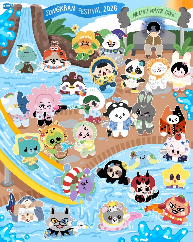 Cartoon mascots at beach festival with surfboards and pool