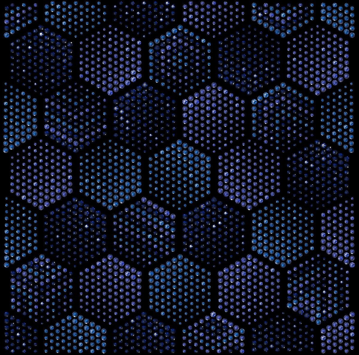 Abstract pattern of dotted hexagons in blue and purple shades on black background
