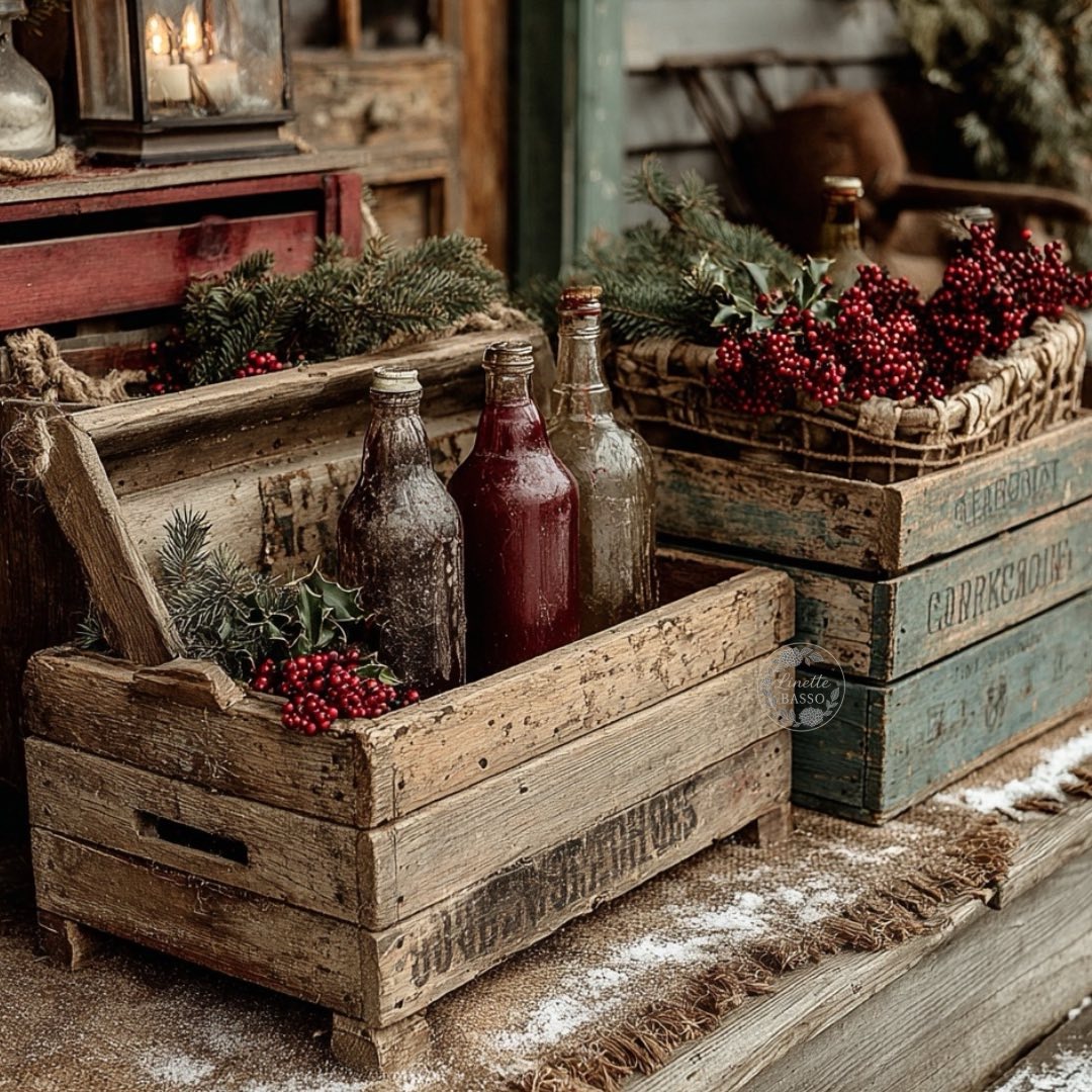 Vintage wooden crates filled with frosted bottles, pine branches, red berries, and rustic Christmas decorations