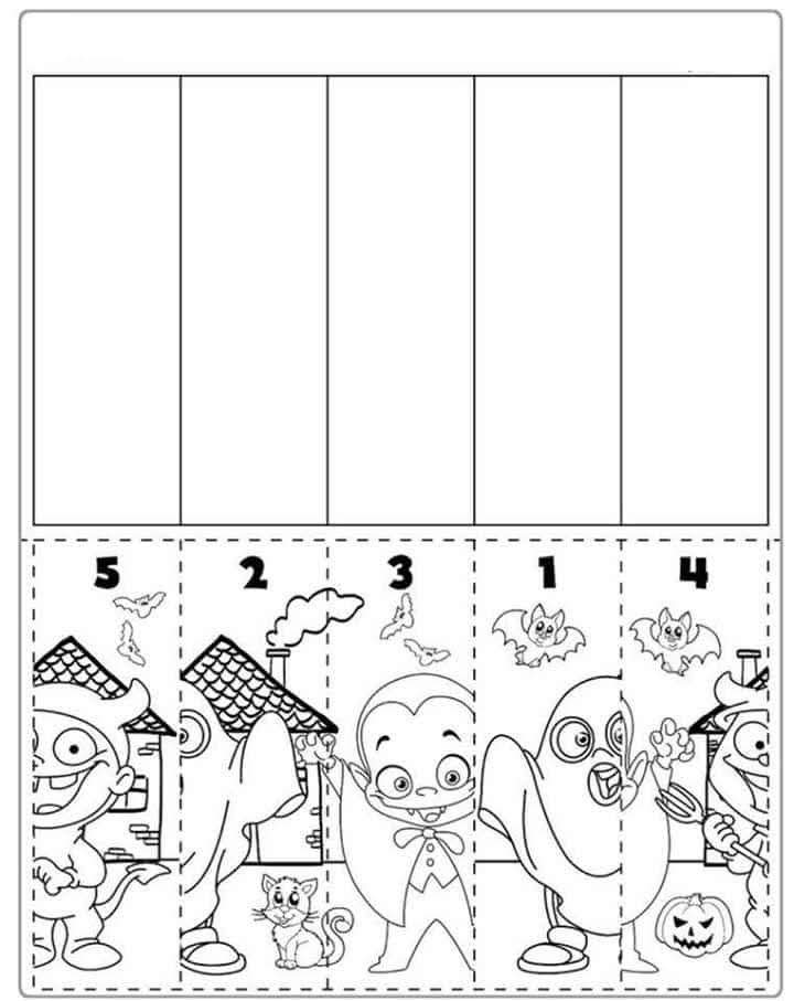 Black and white Halloween cartoon puzzle with numbered columns showing characters, haunted house, bats and pumpkin