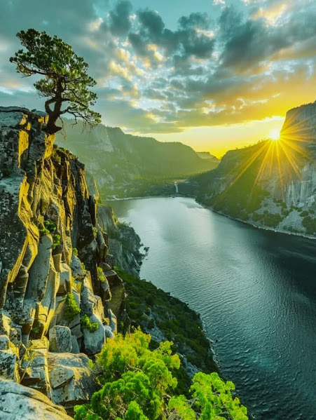 Sunset over fjord with rocky cliff, lone tree, and golden light reflecting on water
