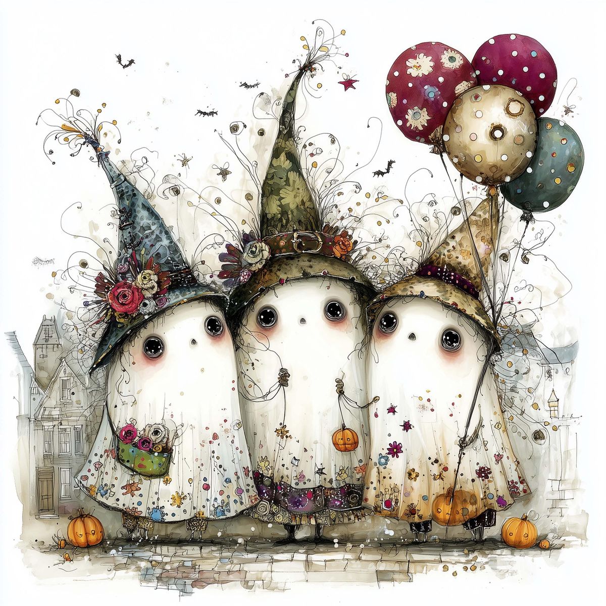 Three cute cartoon ghosts in witch hats with balloons and pumpkins in a whimsical Halloween autumn setting