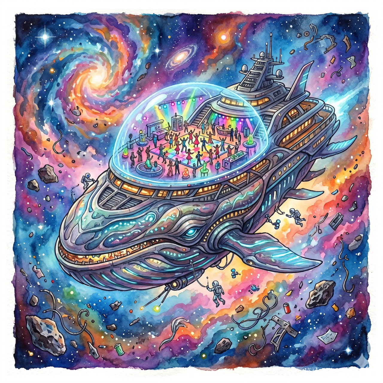 Colorful space illustration of a whale-shaped spaceship with a domed dance floor in a swirling galaxy