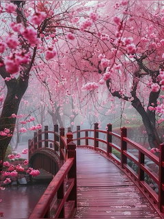 Red wooden bridge under pink cherry blossom trees in a misty garden setting