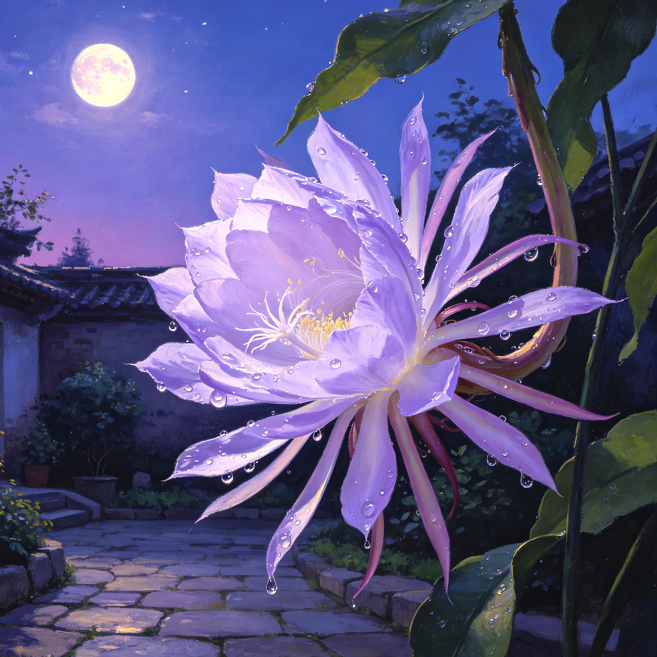 Purple night-blooming cereus flower under full moon with traditional building and twilight sky