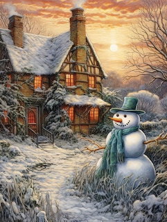 Snow-covered cottage with warm lit windows and snowman in snowy yard at sunset