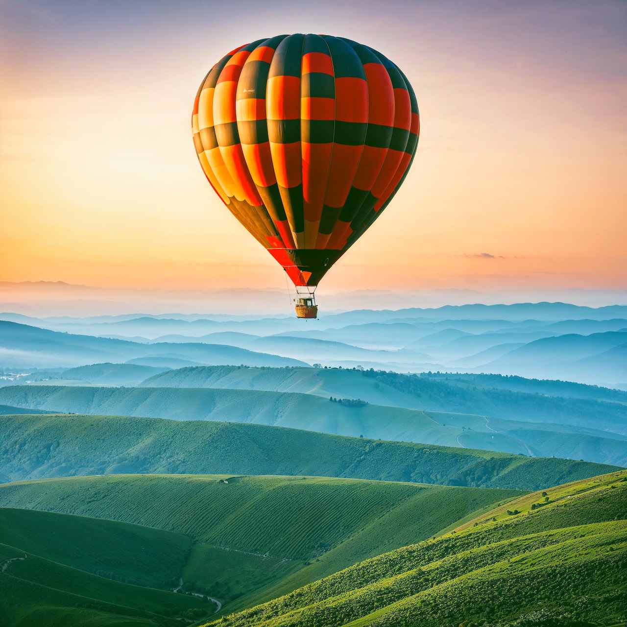Striped hot air balloon drifting over foggy mountain layers at dawn with green hills below