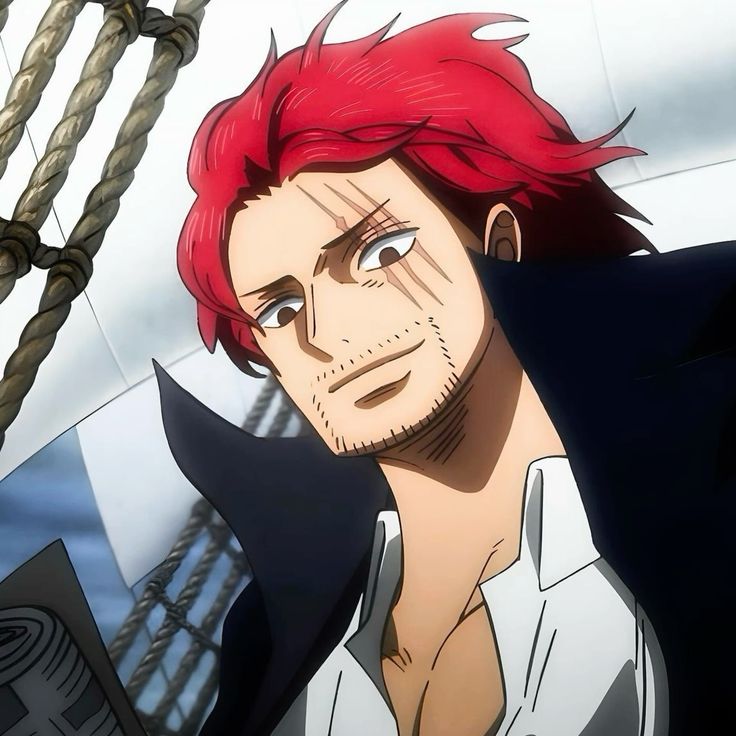 Red-haired anime character in black coat smiling with ship rigging in background