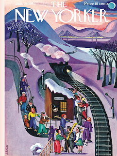 The New Yorker magazine cover showing people on winter steps at dusk with purple sky and bare trees