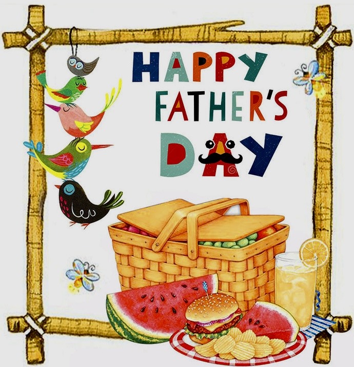 Father's Day illustration with birds, picnic basket, watermelon, burger, chips, and bamboo border