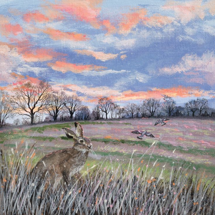 Painting of a brown hare in tall grass beneath a pink and blue sunset sky over an open field