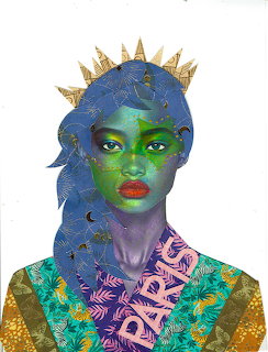 Portrait of woman with blue hair, green skin, gold crown and sparkly cosmic makeup on white background